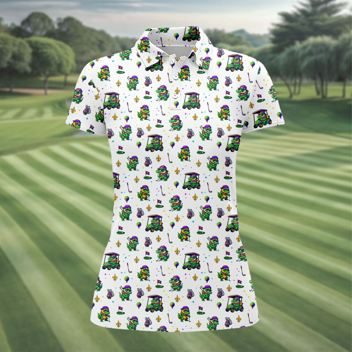 Funny Crocodile Mardi Gras Golf Shirts, White Golf Shirt, Festive Women Golf Top, Ladies Golf Shirts