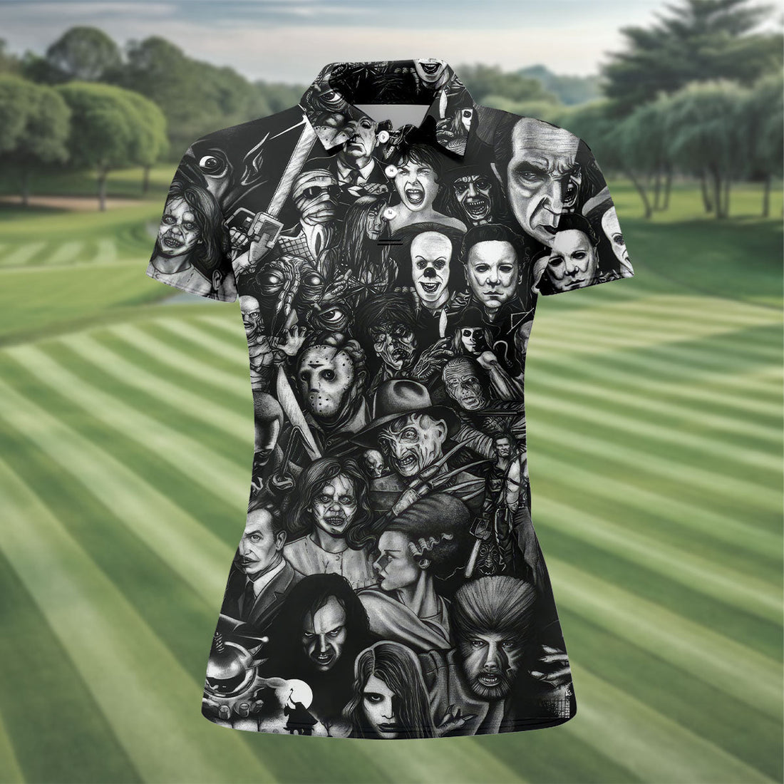 Classic Horror Characters Black And White Golf Polo, Golf Shirt For Women, Halloween Golf Shirt