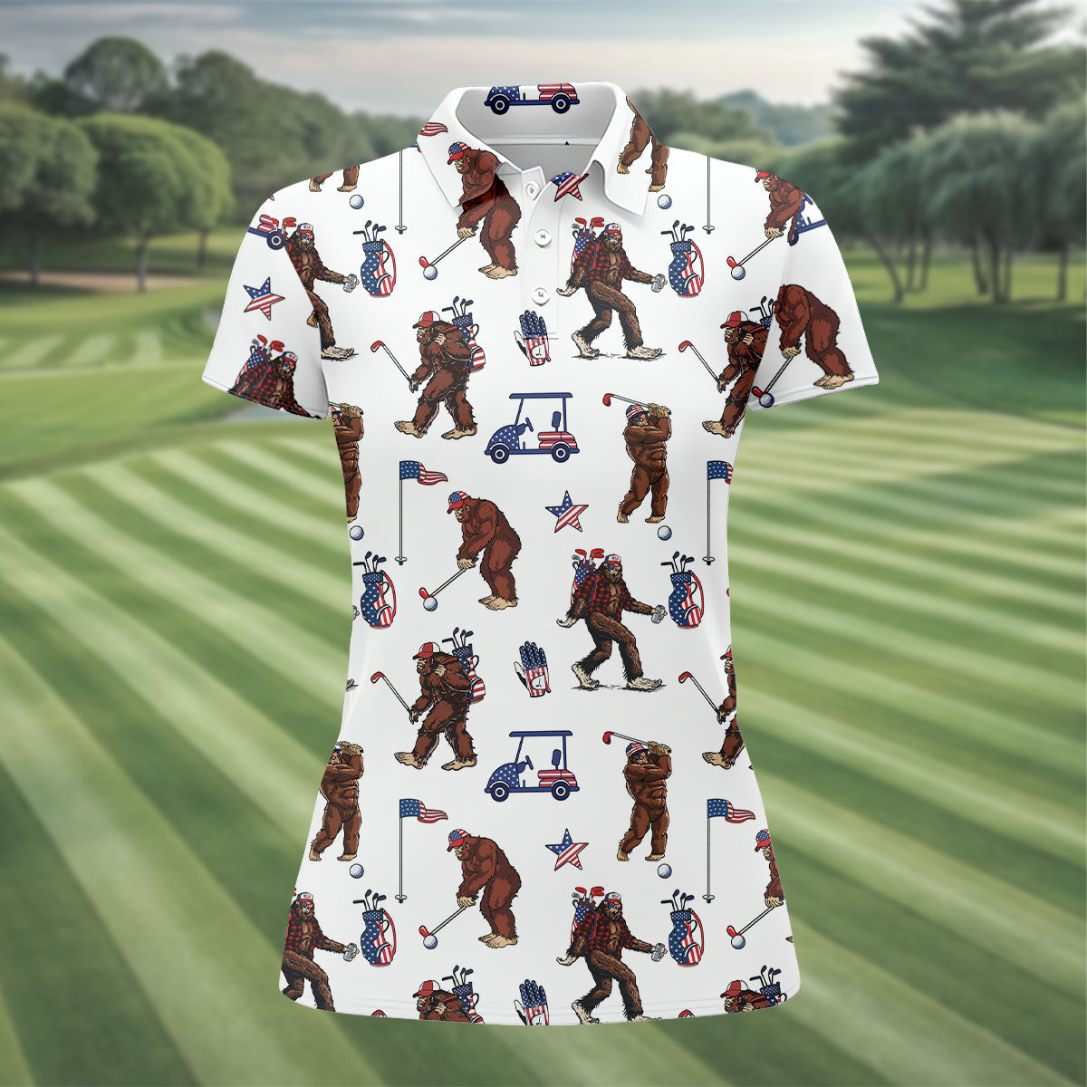 Funny Bigfoot Ladies Patriotic Golf Shirts, Cute Women's Golf Clothes, Ladies Golf Shirts