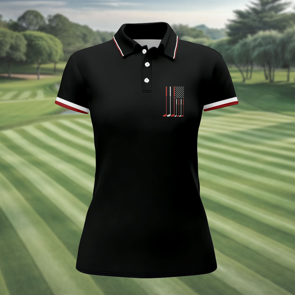 Golf Clubs America Flag Logo 250th Anniversary Black Golf Shirt, Patriotic Golf Shirt, Women's Golf Tops