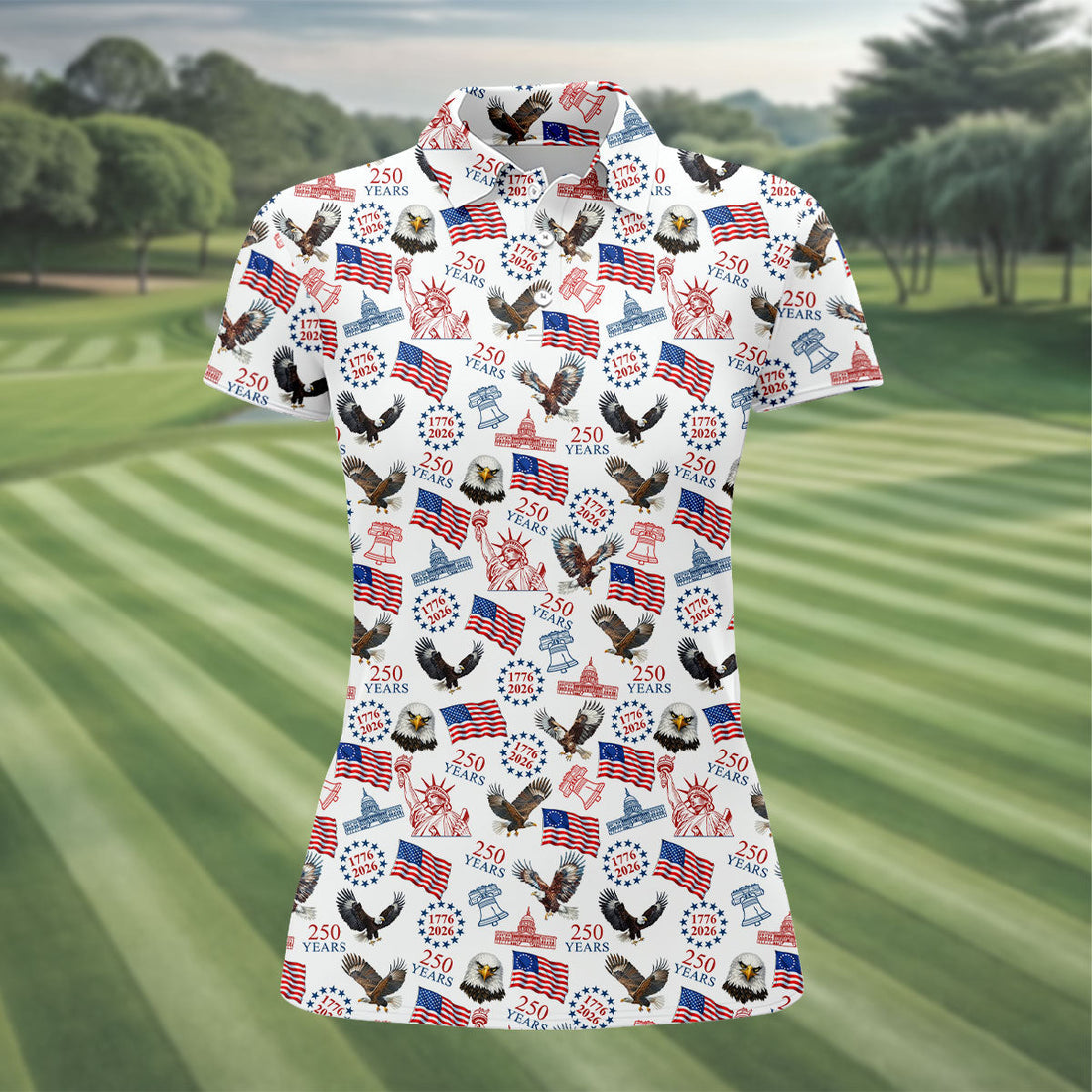 250 Years American Symbol Patriotic Pattern White Golf Shirt, 4th Of July Golf Shirt, Golf Shirt For Women
