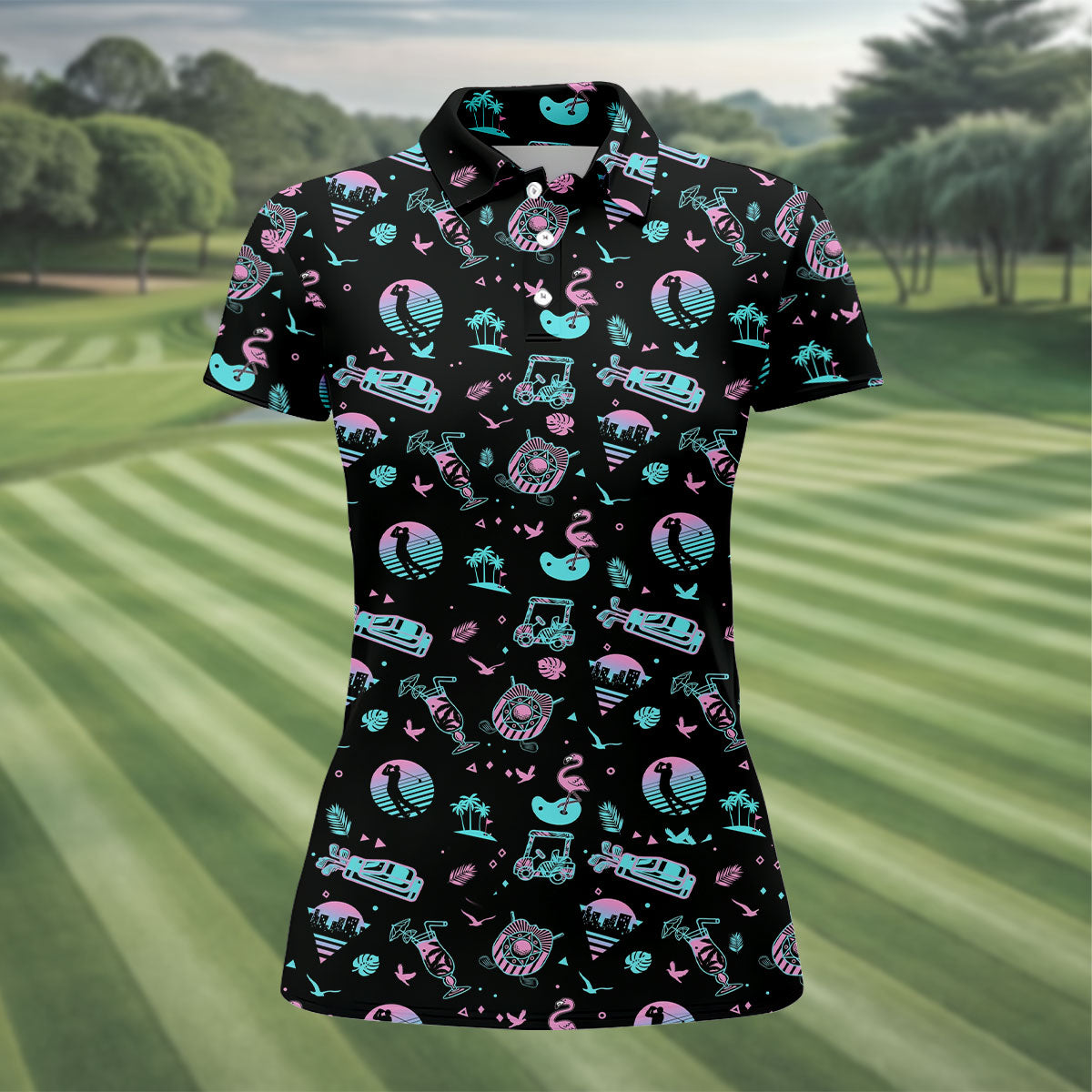 Flamingo Tropical Gradient Colors Retro Golf Shirt, Women's Golf Tops, Ladies Golf Shirt