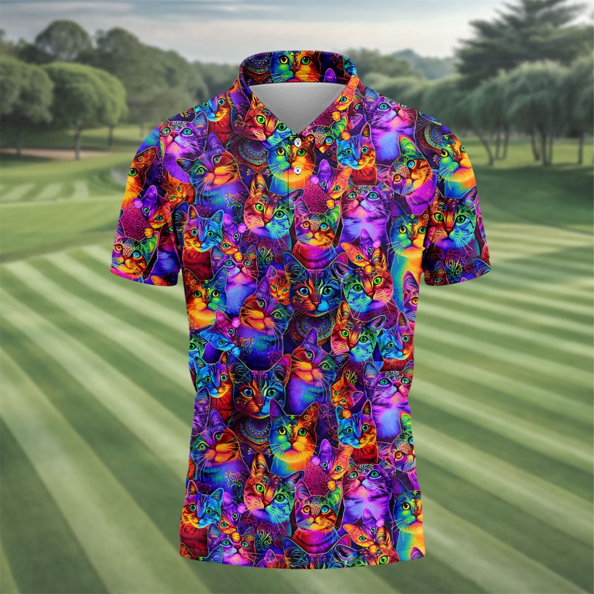 Psychedelic Cat Golf Shirt, Colorful Neon Cat Pattern, Polo Shirts For Men