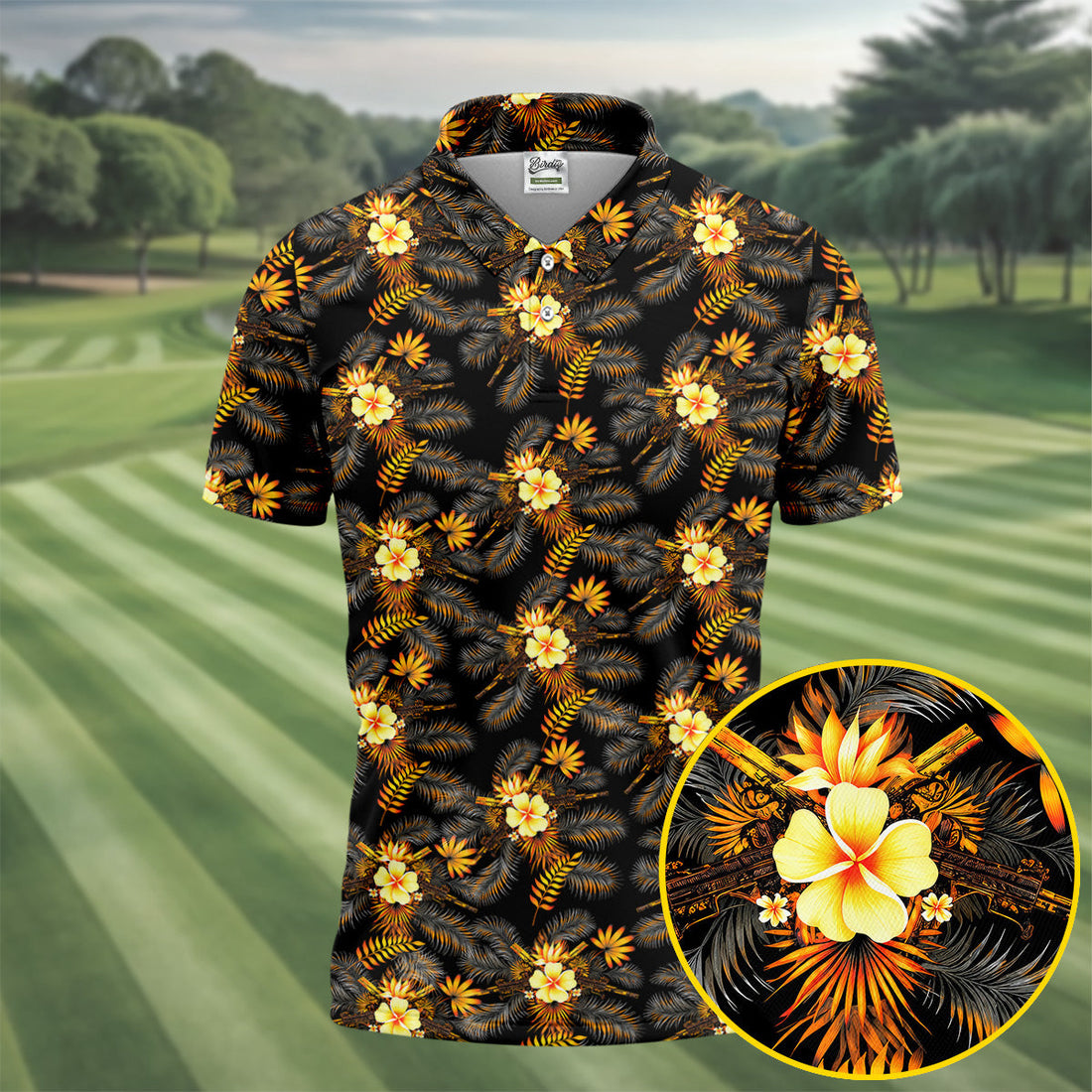 Yellow Hibiscus Flower Black Hawaiian Golf Shirt, Tropical Vibe Golf Shirts For Men