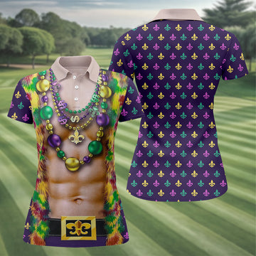 Green Purple Gold Fleur De Lis Symbol Fun Suit Mardi Gras Print Golf Shirt, Fun Women's Golf Shirts, Ladies Golf Polos