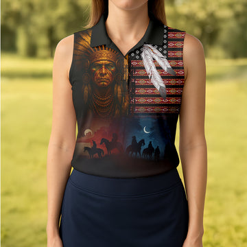 Native Heritage Red & Blue Women's Golf Tops, Native American Ancestry Ladies Golf Polos, Indigenous Peoples Month