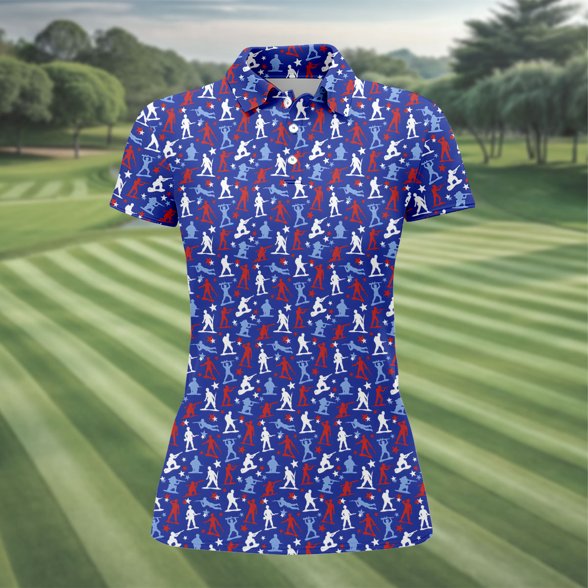Red White Blue Soldier Pose Patriotic 4th Of July Golf Shirt, 250th Anniversary Golf Shirt For Women