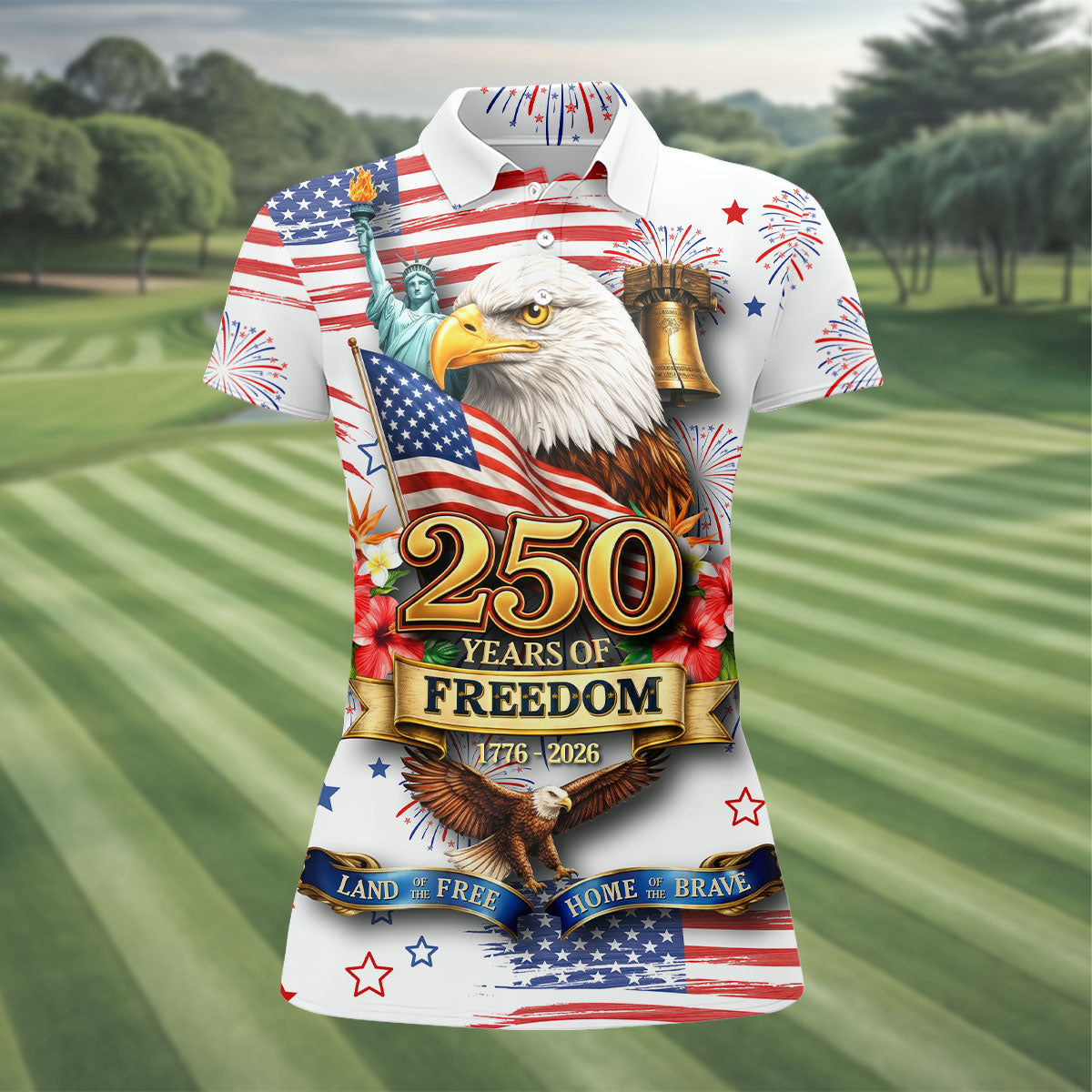 250 Years Of Freedom 1776-2026 White 4th Of July Women Golf Top, 250th Anniversary Patriotic Golf Shirt