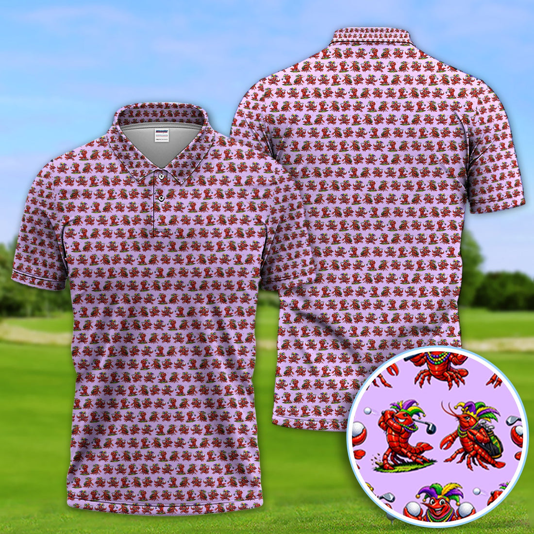 Festival Golf Polos For Golfer, Mardi Gras Crawfish Pattern Golf Shirt, Golf Gift For Men