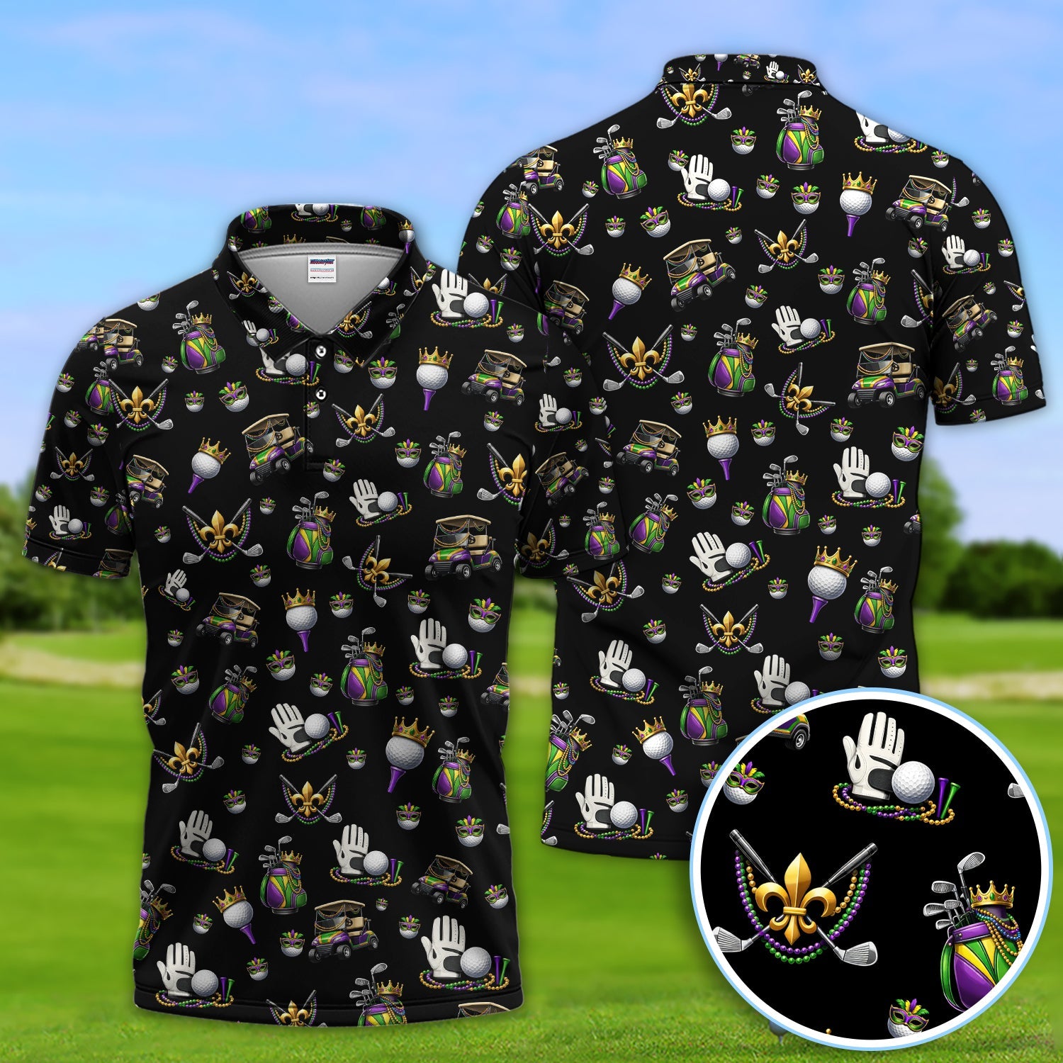 Mardi Gras Pattern Golf Shirt For Men, Funny Golf Polos, Crazy Golf Gift For Golfer