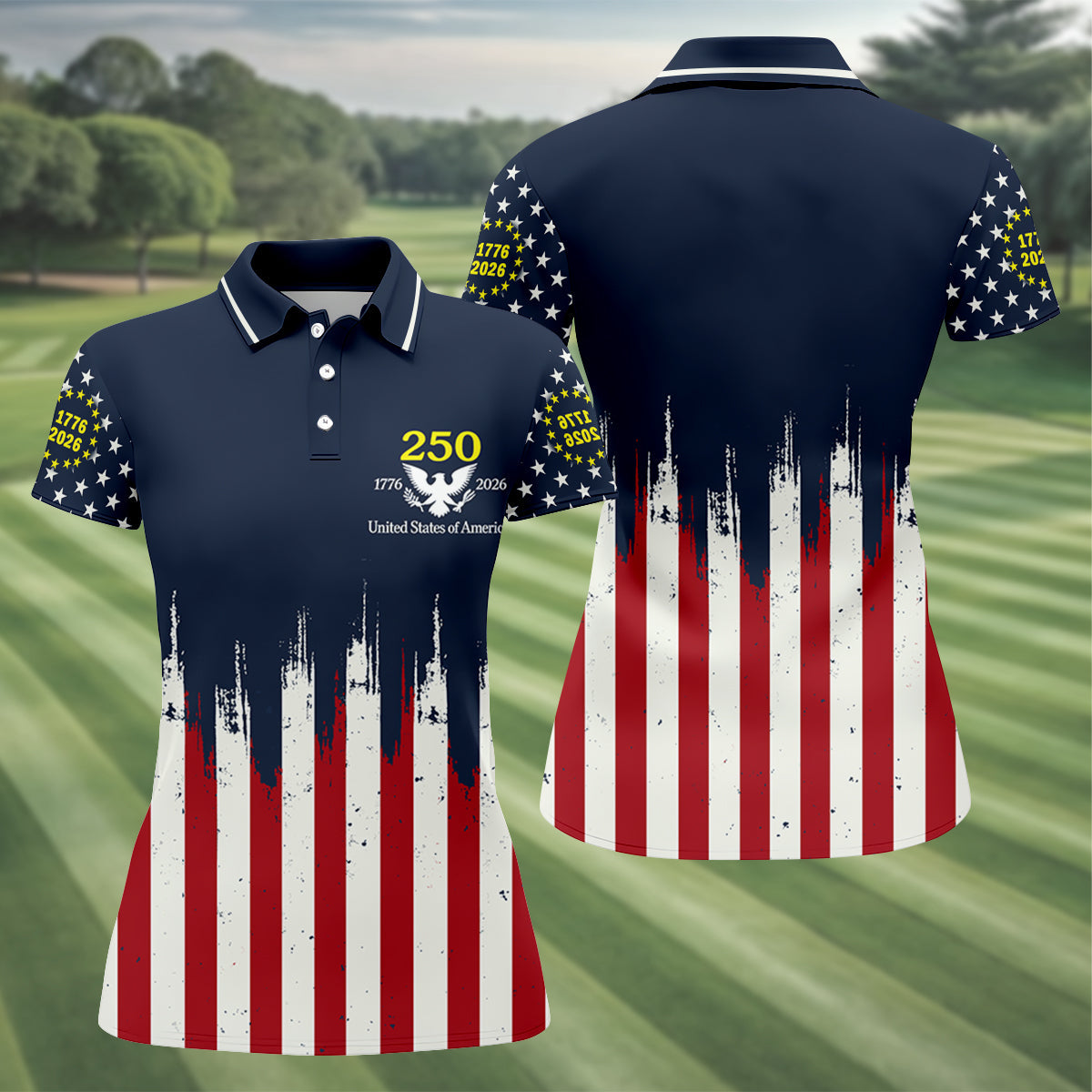 Splatter Painted American Flag Pattern Women's Golf Tops, 250th Anniversary Patriotic Golf Shirt