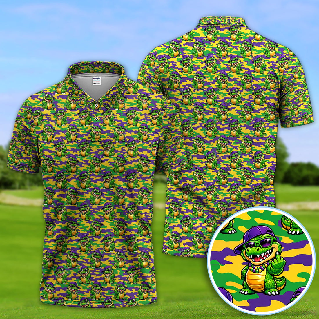Mardi Gras Gator Golf Shirt, Funny Alligator Camo Pattern Golf Polos, Men Golf Gift