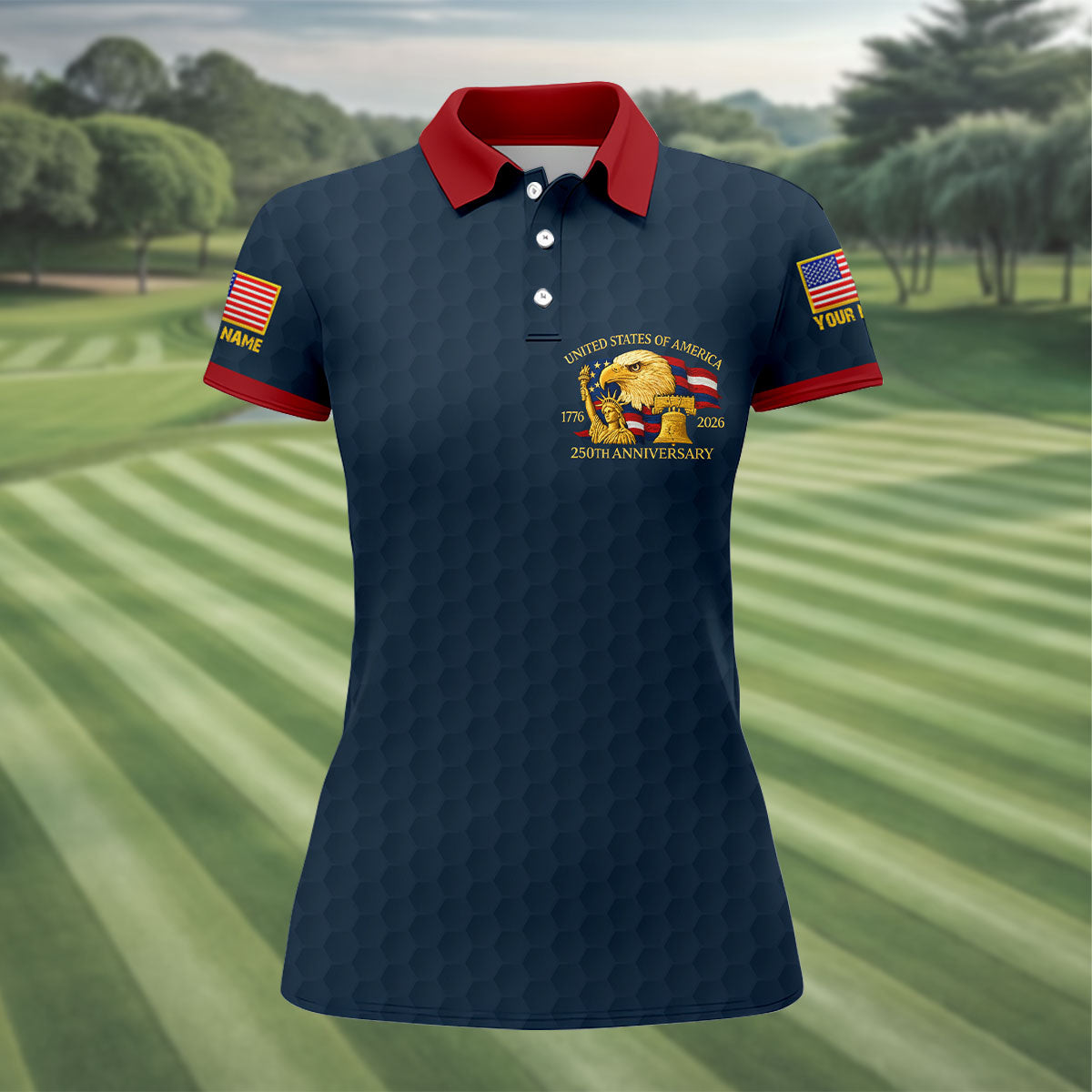United States 250th Anniversary Patriotic Eagle Navy Custom Golf Shirts, 4th Of July Golf Shirt For Women