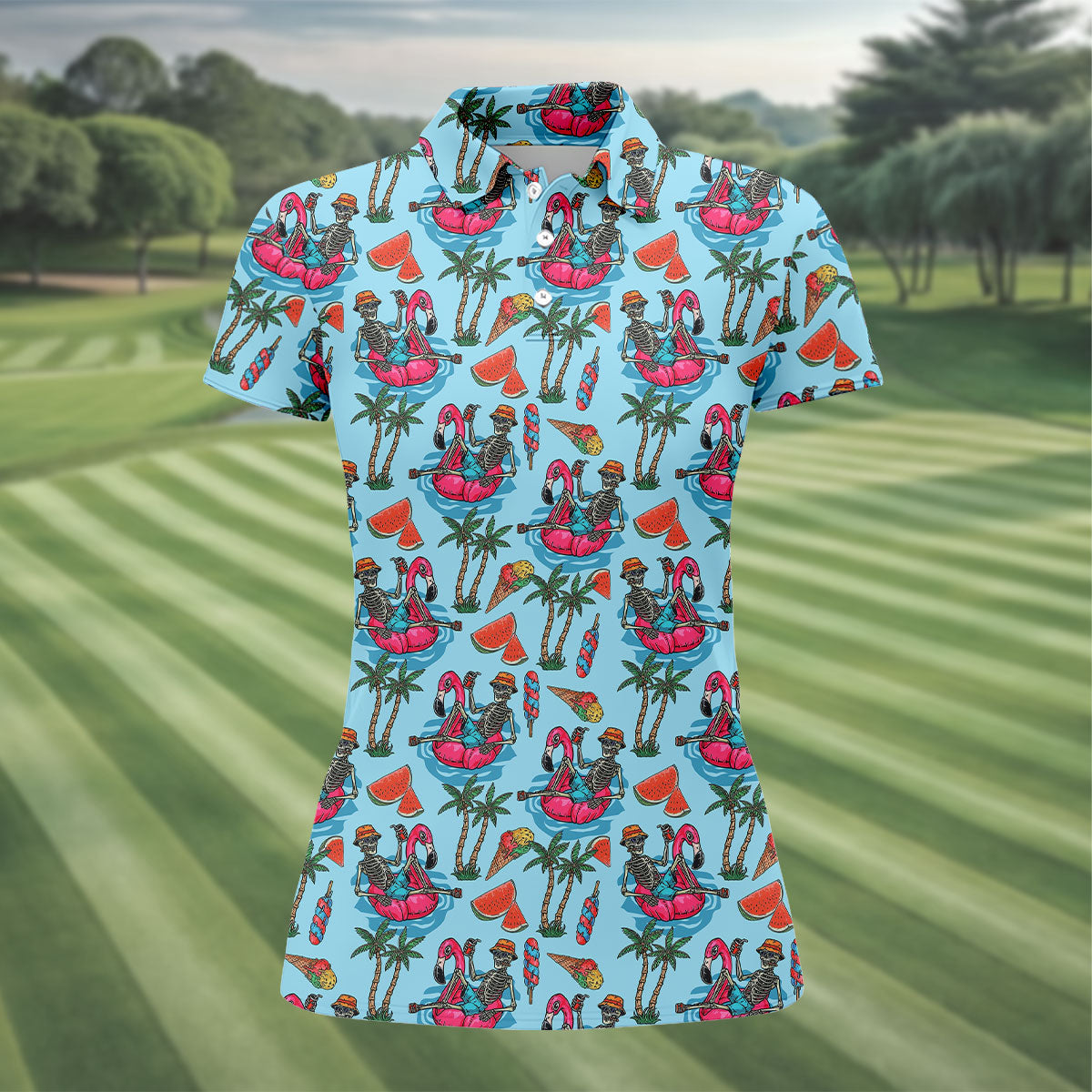 Skeleton Flamingo Summer Vibe Retro Golf Shirt, Fun Women's Golf Shirts, Golf Shirt For Women, Ladies Golf Shirts