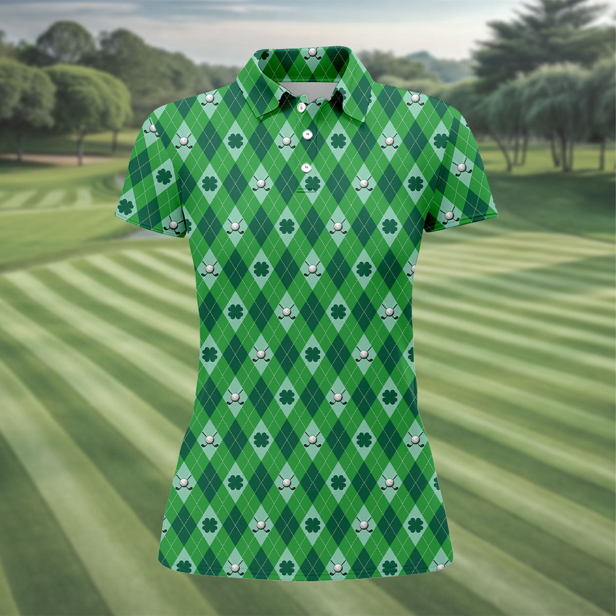 Lucky Four Leaf Clover Golf Ball Pattern Argyle Pattern St Patrick's Day Golf Shirt, Women's Golf Tops