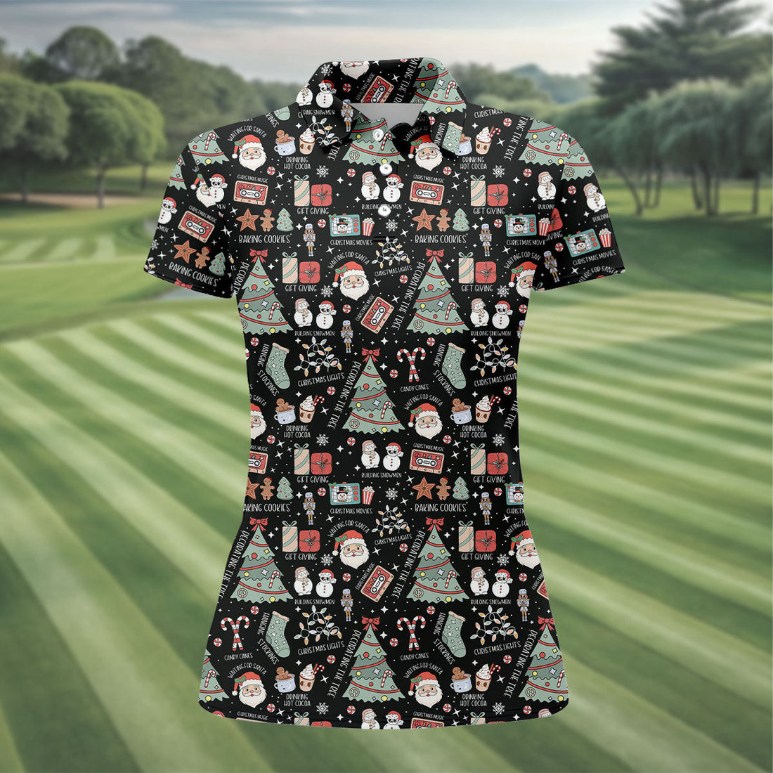 Cute Santa Claus Gift Black Women's Golf Tops, Christmas Golf Shirt, Golf Gift For Ladies
