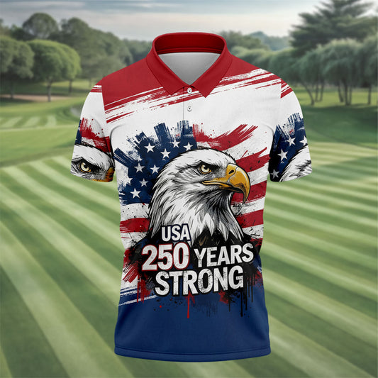 USA 250 Years Strong Bald Eagle American Flag Golf Shirt, Patriotic 4th Of July Golf Shirts For Men