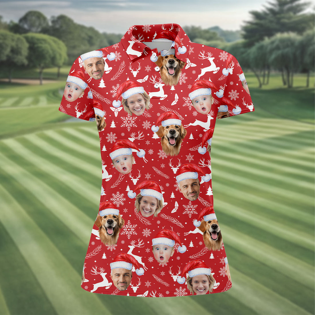 Custom Face Xmas Pattern Red Golf Shirt, Christmas Golf Shirt, Ladies Golf Shirts, Golf Gifts For Women