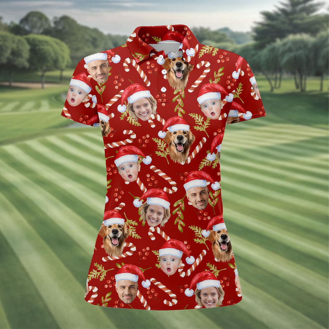 Custom Face Candy Cane And Holy Christmas Red Golf Shirt, Christmas Golf Shirt, Women's Golf Tops