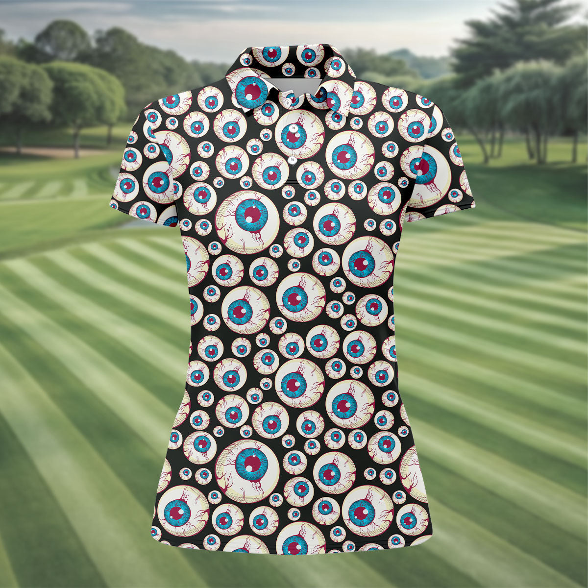 Black And White Eyeball Pattern Women's Golf Tops, Unique Gift For Golfer, Ladies Golf Shirts