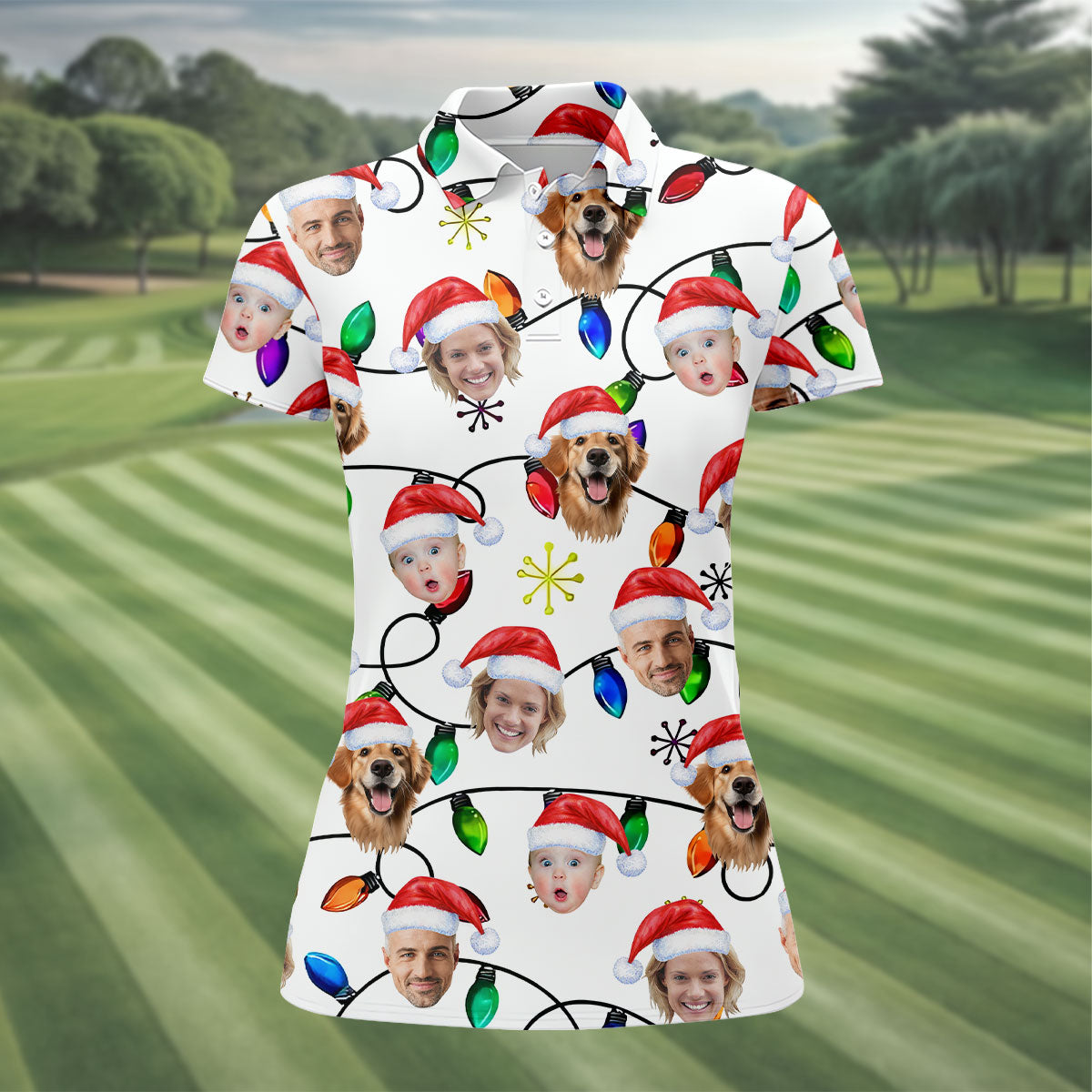 Custom Family Portrait Christmas Lights Pattern Women Golf Top, Christmas Golf Shirt, Ladies Golf Tops