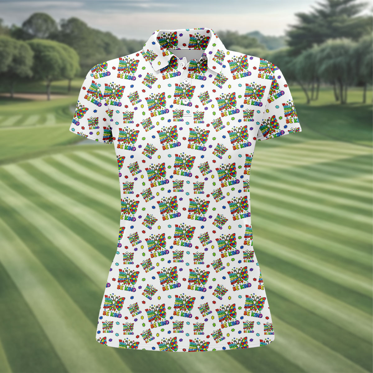 In A World Where You Can Be Anything Be Kind Rainbow Butterfly Autism Awareness White Golf Shirt, Women's Golf Tops