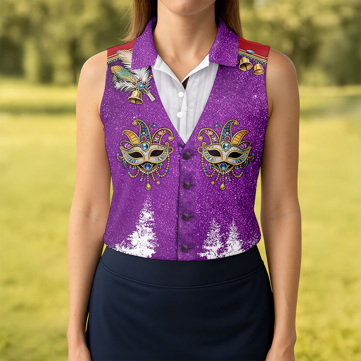 Masquerade Mask Feather Mardi Gras Glitter Print Purple Golf Shirt, Women's Golf Tops, Ladies Golf Shirts