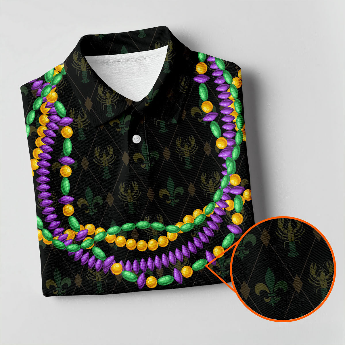 Mardi Gras Beads Chain Crawfish Fleur De Lis Black Golf Shirt, Women's Golf Tops, Ladies Golf Polos