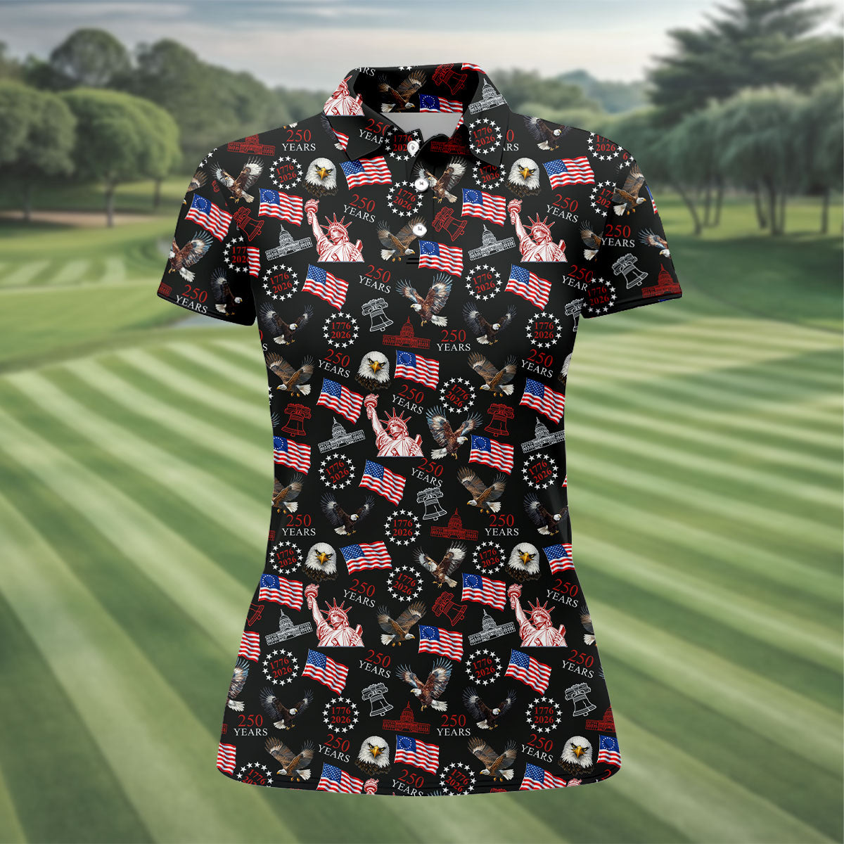250 Years American Symbol Patriotic Pattern Black Golf Shirt, 4th Of July Golf Shirt, Golf Shirt For Women