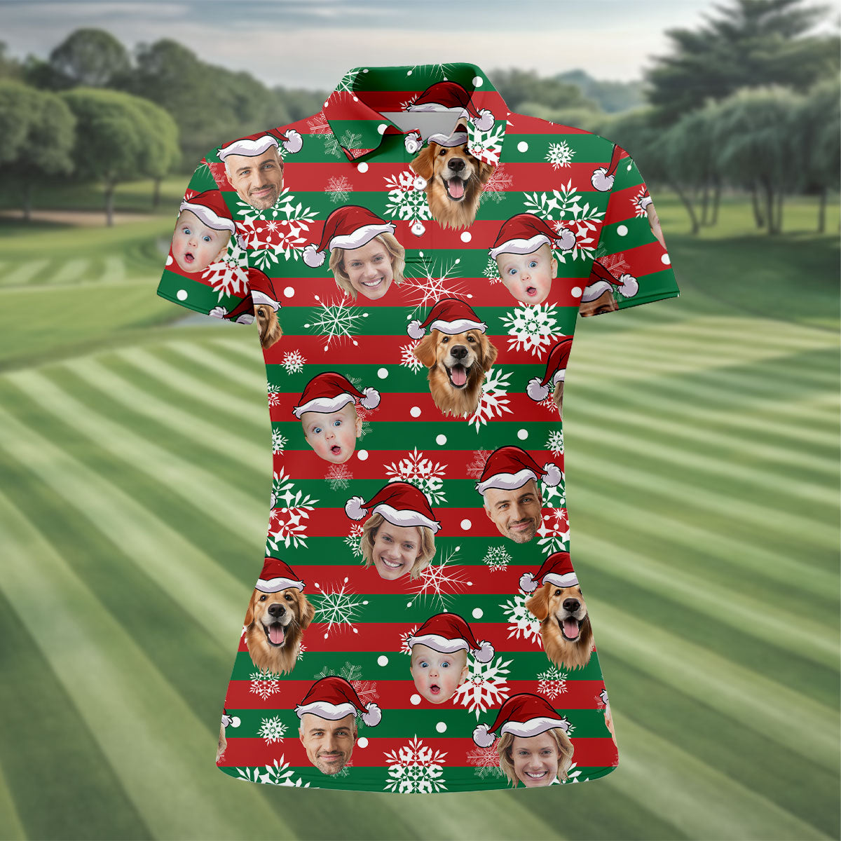 Custom Face Red Green Stripe Christmas Women's Golf Tops, Ladies Golf Shirts, Christmas Golf Gift