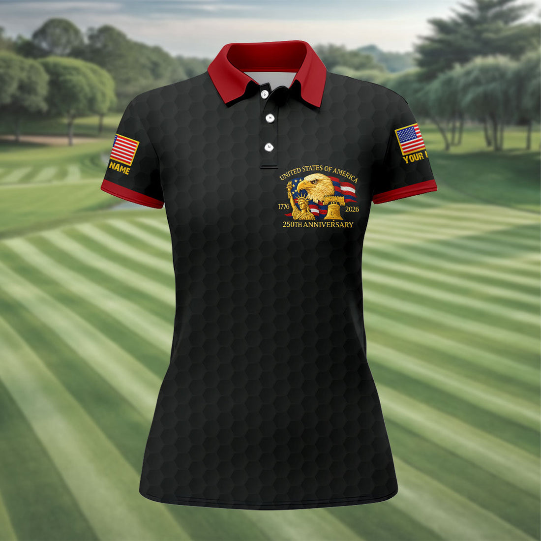 United States 250th Anniversary Patriotic Eagle Black Custom Golf Shirts, 4th Of July Golf Shirt For Women