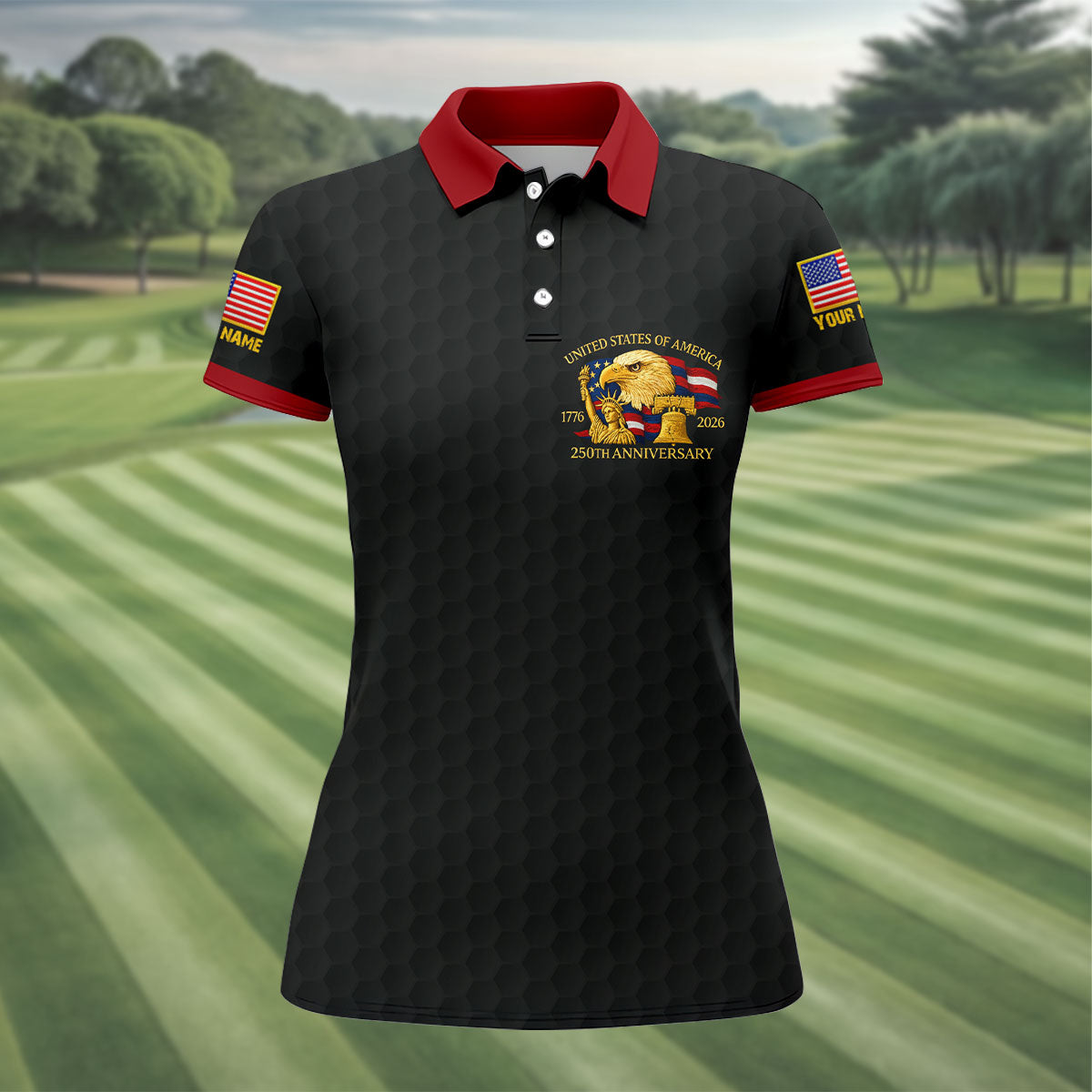 United States 250th Anniversary Patriotic Eagle Black Custom Golf Shirts, 4th Of July Golf Shirt For Women