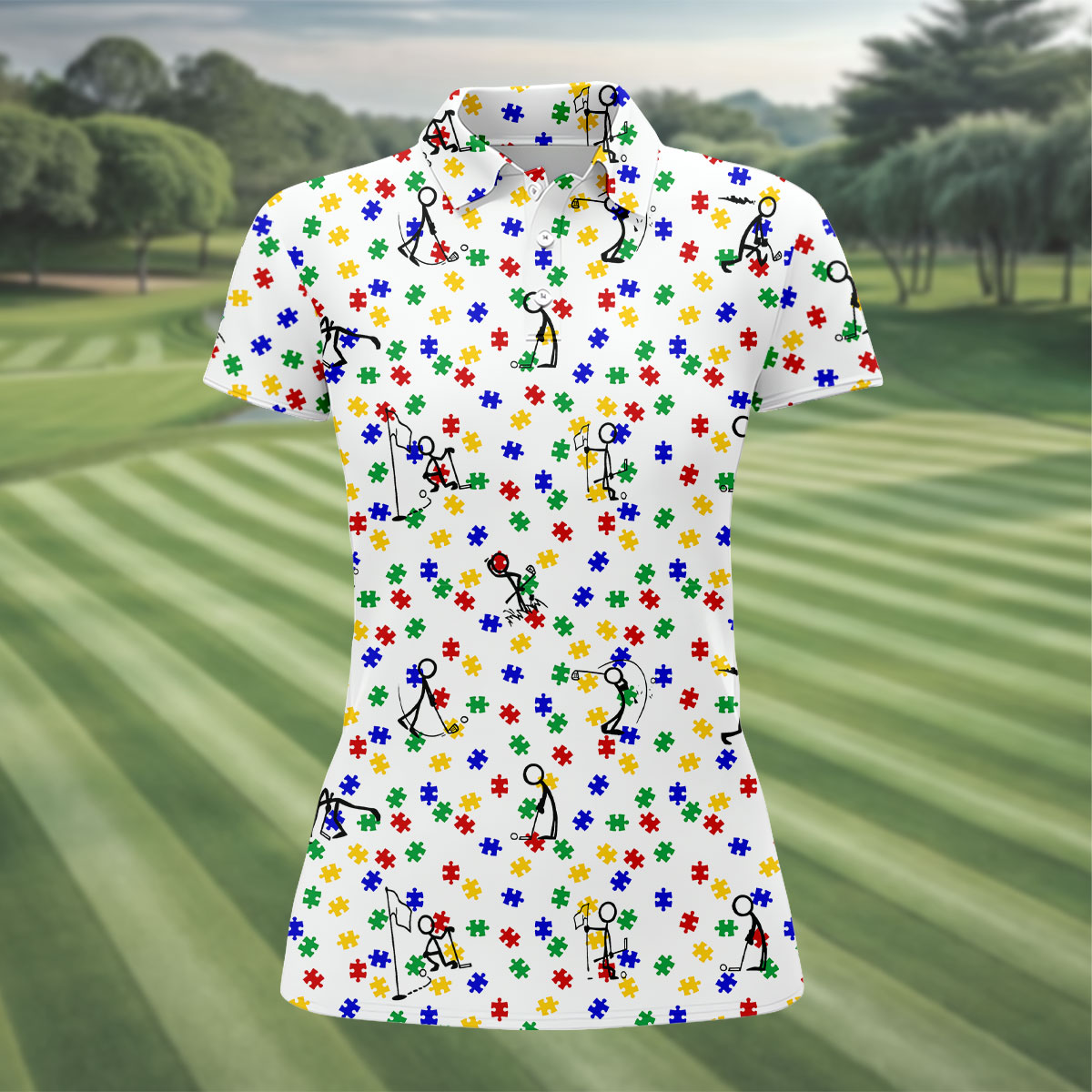 Funny Stick Figure Autism Puzzle Polo Shirts For Women, Autism Awareness Golf Shirt, Ladies Golf Shirt