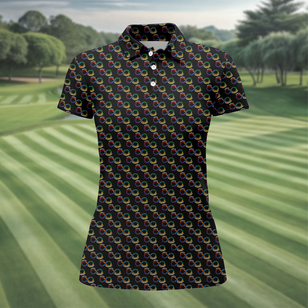 Embrace Neurodiversity Rainbow Infinity Symbol Autism Awareness Black Golf Shirt, Women's Golf Tops