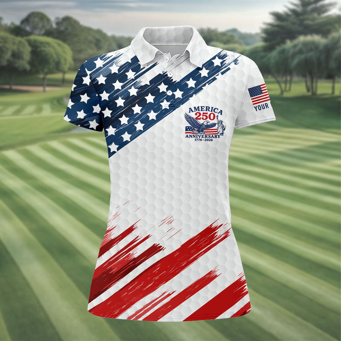 250th Anniversary Golf Ball Pattern Bald Eagle Logo 4th Of July Golf Shirt, Patriotic Golf Shirt For Women