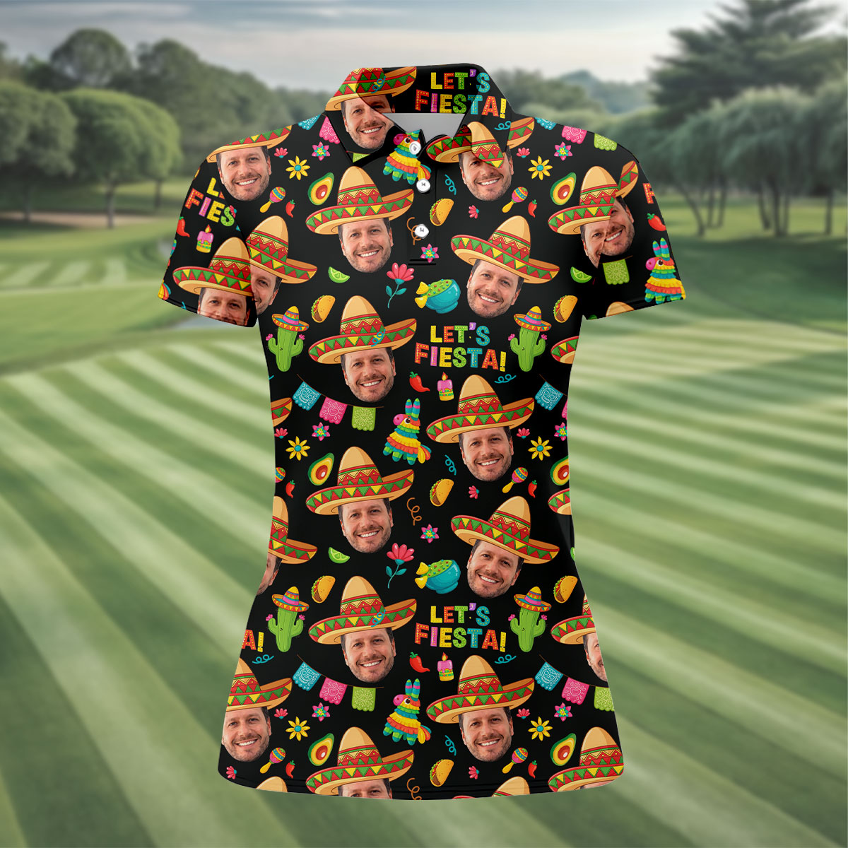 Let's Fiesta Cinco De Mayo Celebration Fiesta Themed Custom Face Black Golf Shirt For Women