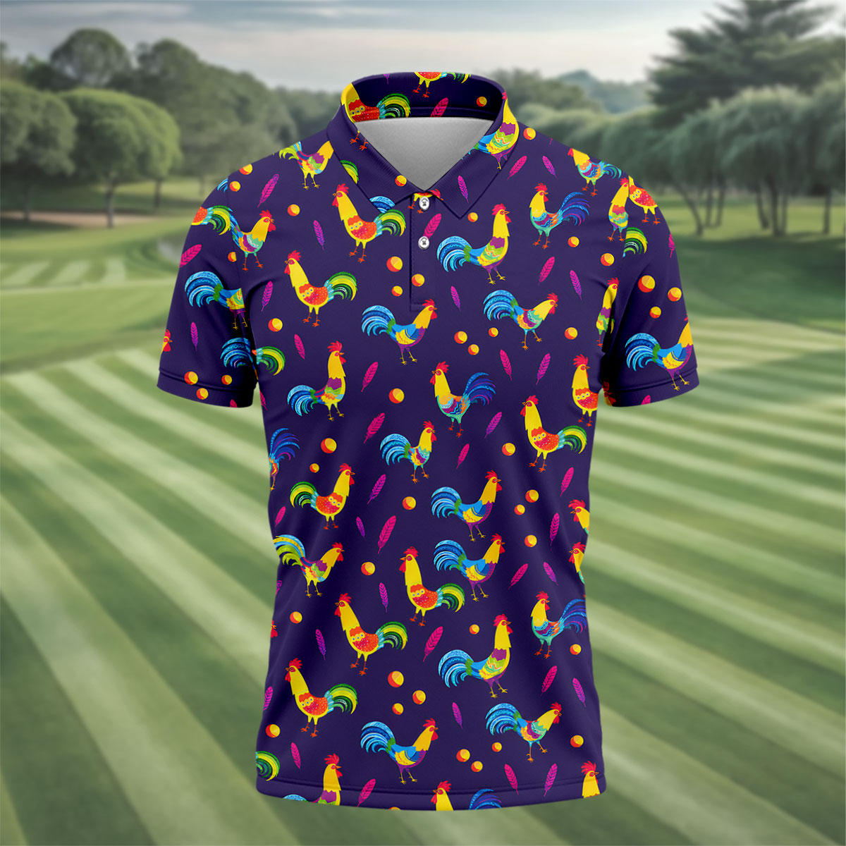 Retro Rooster Golf Shirt, Colorful Country Pattern Polo, Polo Shirts For Men