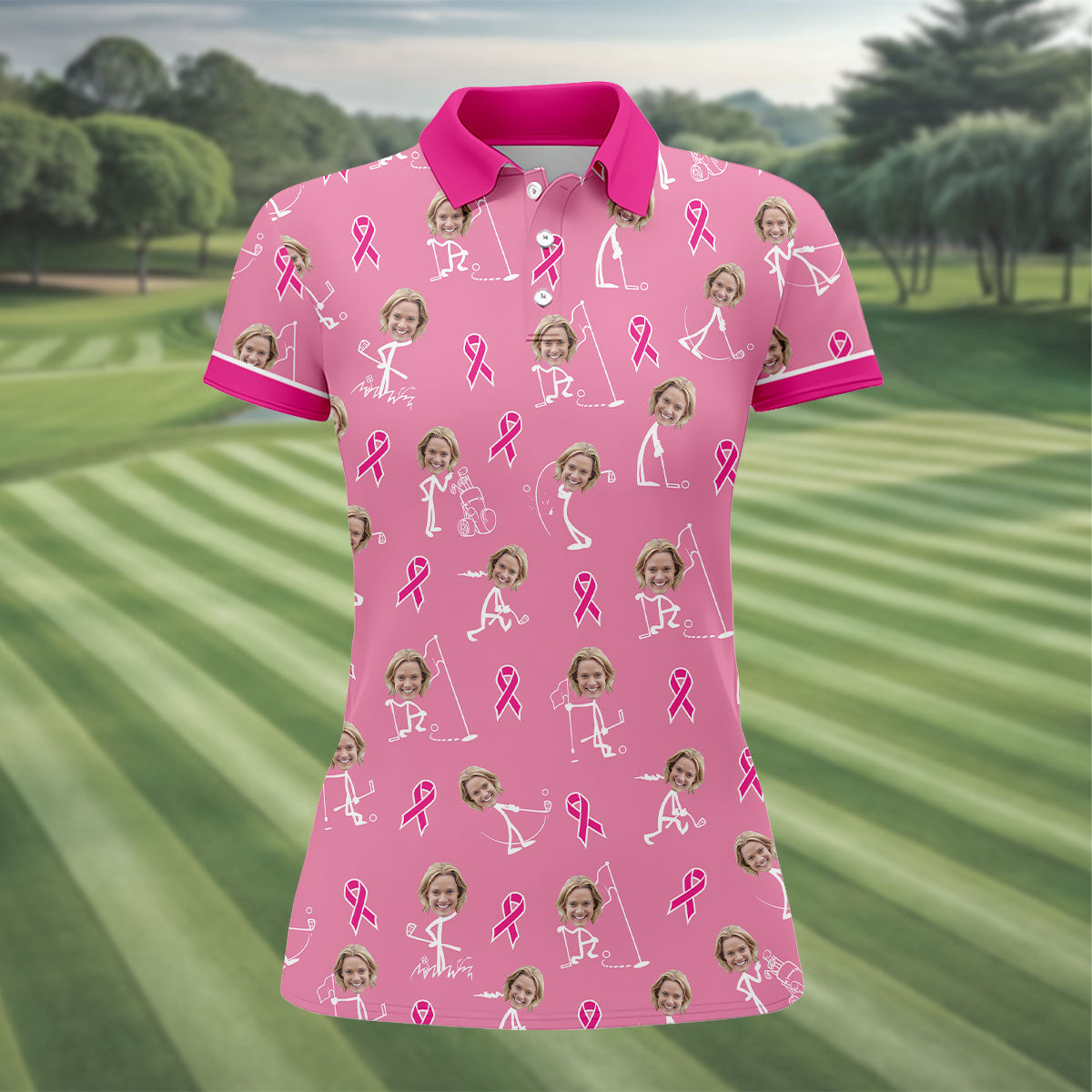 Funny Stick Figure Women's Golf Shirt, Custom Face Shirt, Breast Cancer Awareness Shirt, Pink Golf Shirt