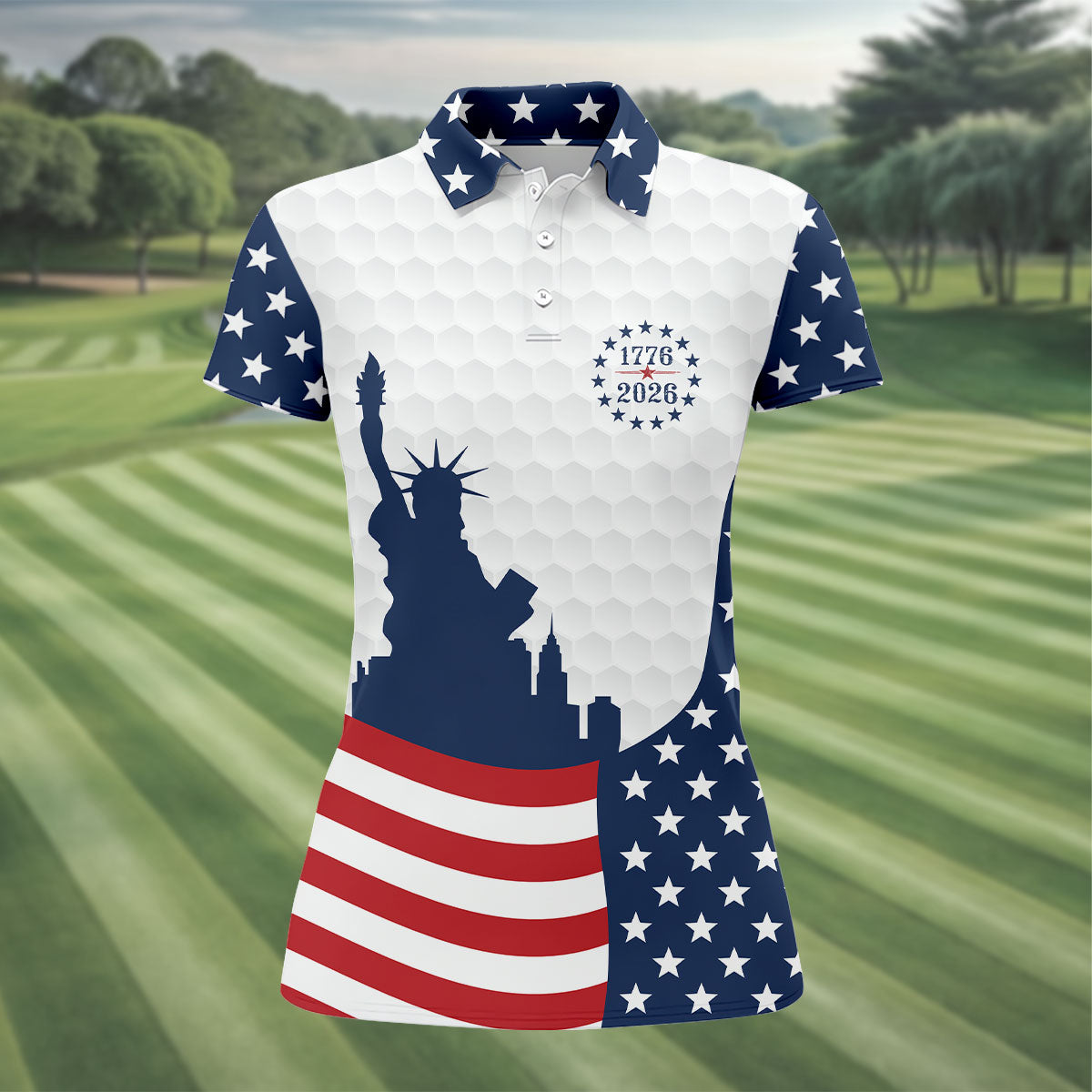 250 Years Of Freedom Golf Ball Pattern American Flag Golf Shirt, Patriotic 4th Of July Golf Shirt For Women