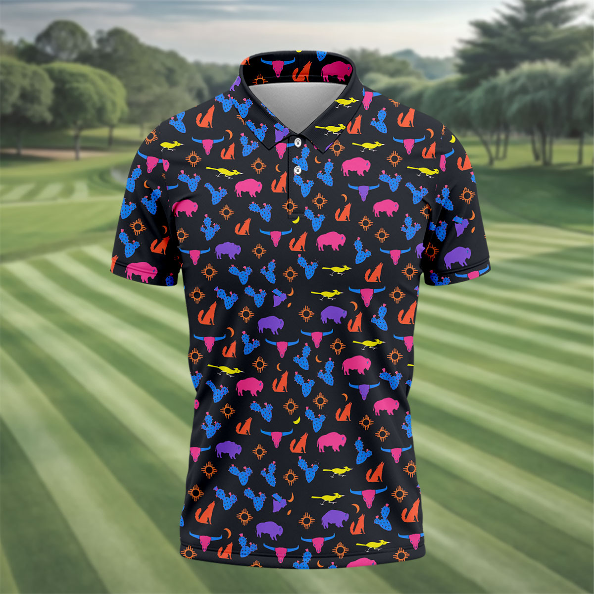 Neon Desert Cactus Buffalo Hawaiian Golf Shirt, Mens Golf Polo, Printed Golf Shirts