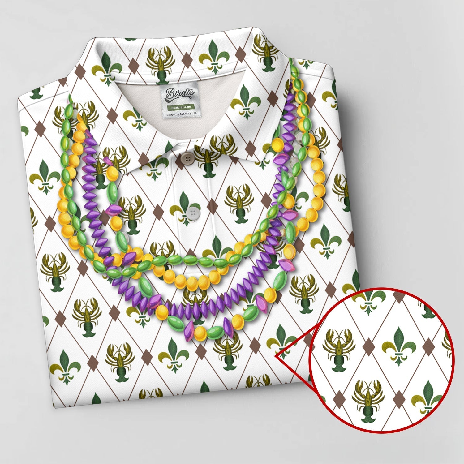 Mardi Gras Purple Green Gold Beads Chain Fleur De Lis Argyle Pattern White Golf Shirt, Women's Golf Tops