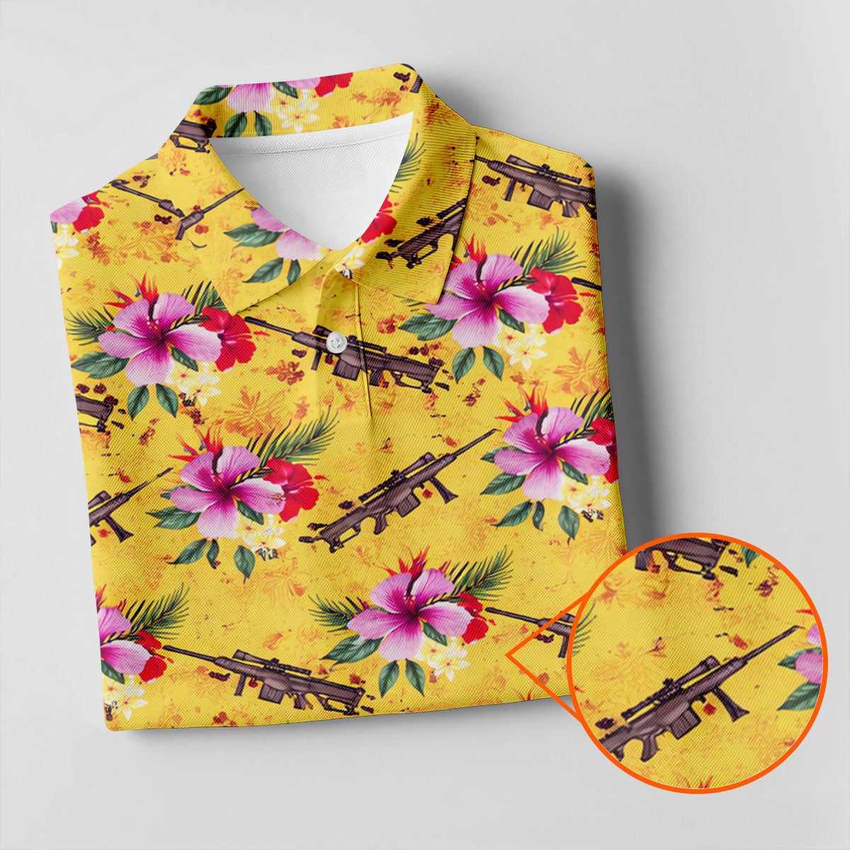Floral Pattern Army Theme Hawaiian Yellow Golf Shirt, Women's Golf Tops, Ladies Golf Shirts