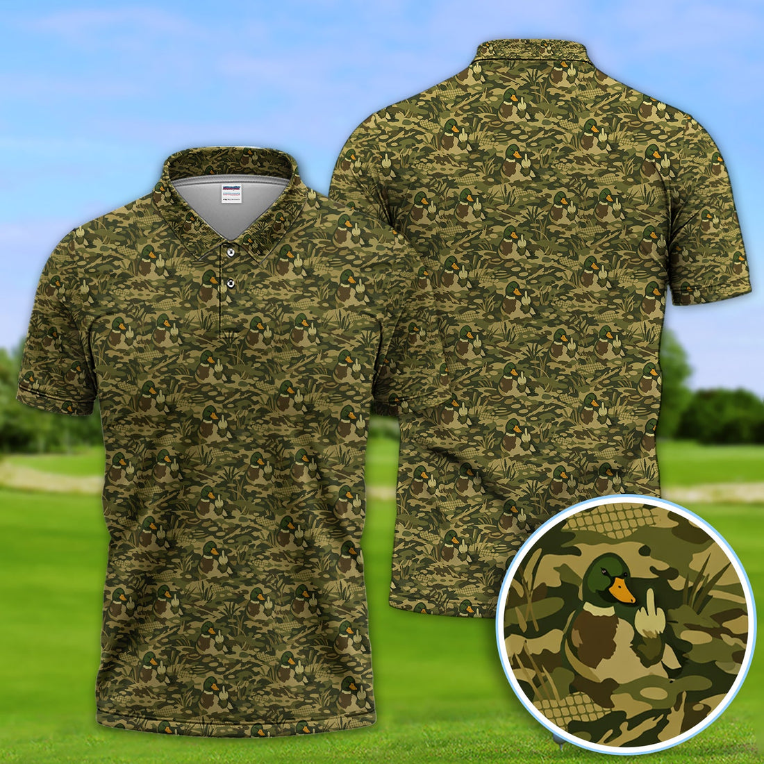 Mallard Duck Camo Pattern Golf Polos, Camouflage, Wild Mallards Golf Shirt For Hunter, Golf Gift For Men