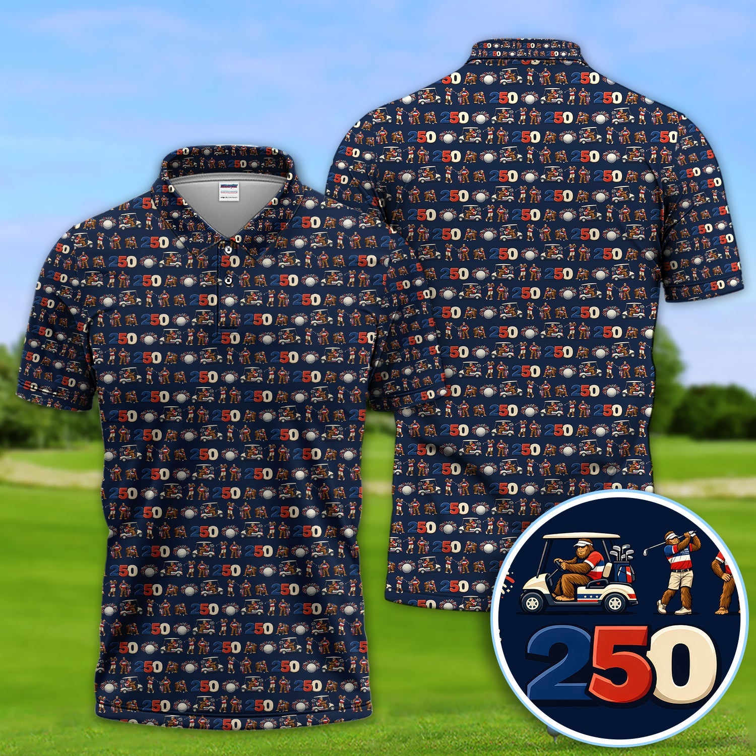 Funny Bigfoot Pattern Golf Shirt, 250th Anniversary Golf Polos, Golf Gift For Golfer