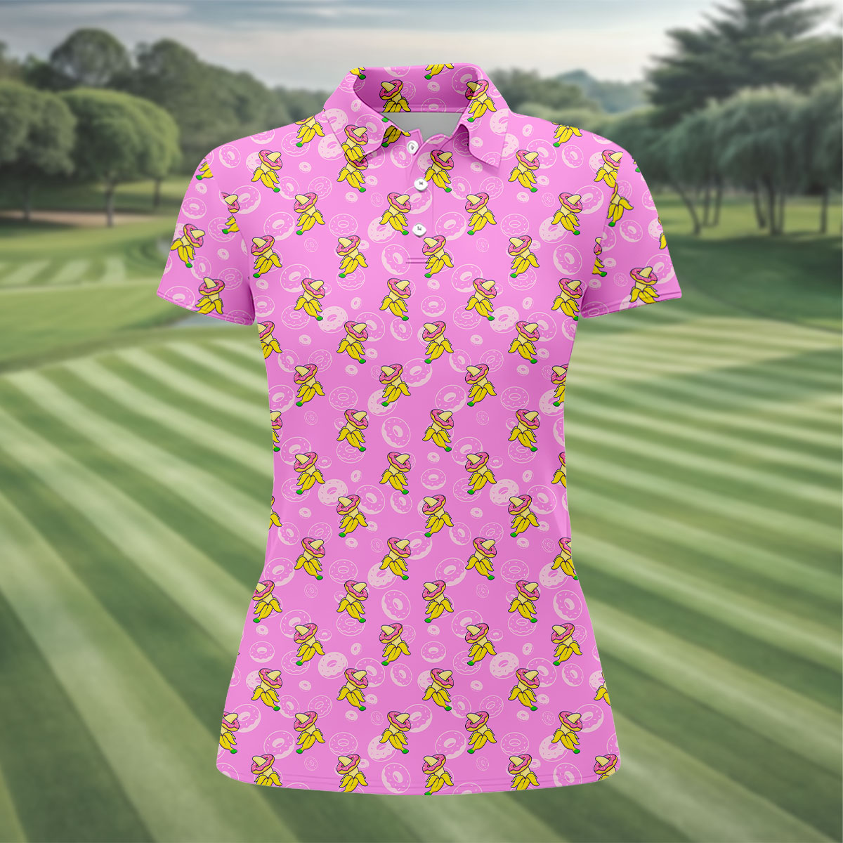 Banana And Donut Dirty Naughty Fun Women's Golf Shirts, Valentines Golf Gift, Hot Pink Color Ladies Golf Polos