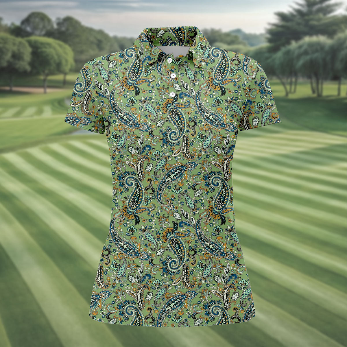 Paisley Vintage Earth Green Women's Golf Tops, Ladies Golf Polos, Golf Shirt For Women
