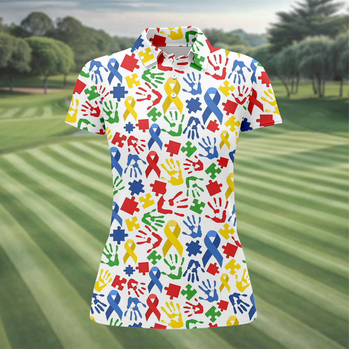 Autism Ribbon Colorful Puzzle Pieces Handprints Ladies Golf Shirts, Golf Shirt For Women, Ladies Golf Polos