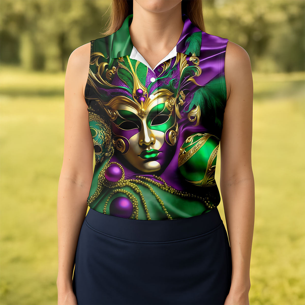 Mardi Gras Face Mask Purple Green Gold Women's Golf Tops, Ladies Golf Polos, Women's Polo Shirt