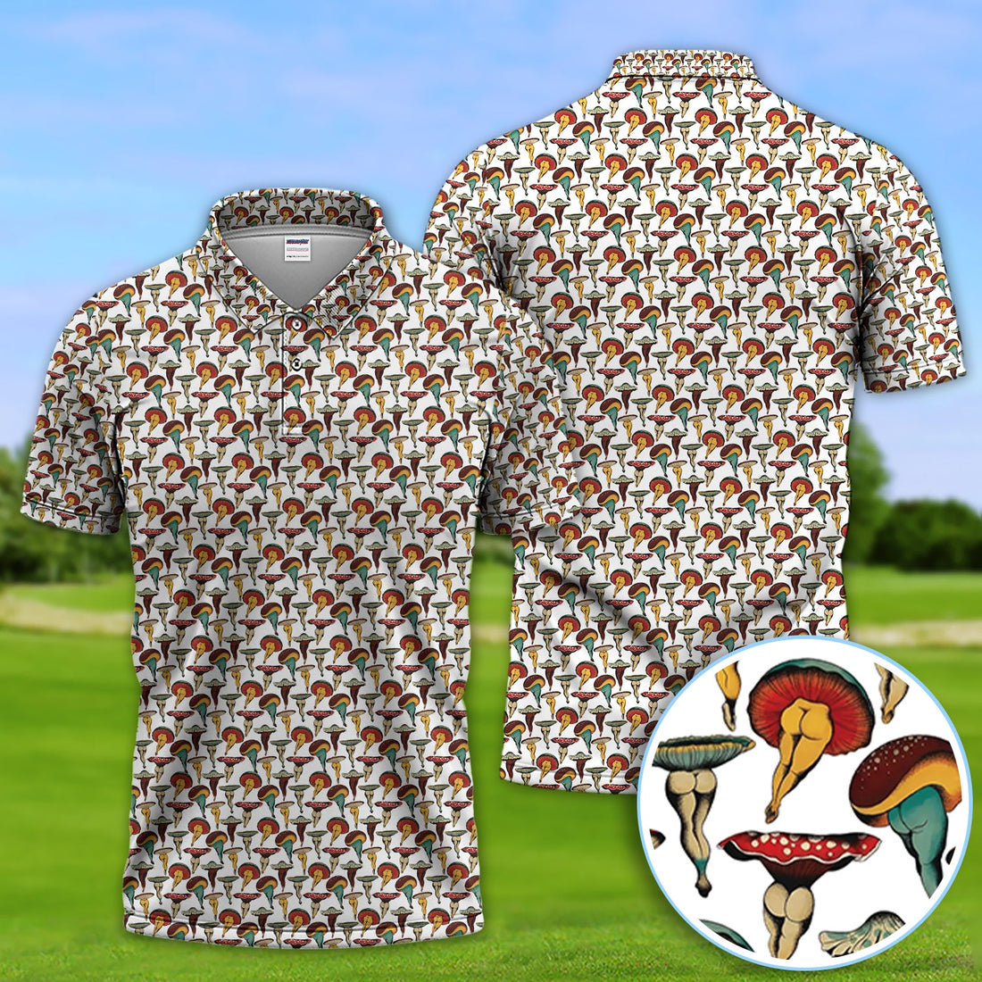 Vintage Mushroom Pattern Golf Shirt, Funny Golf Polos, Crazy Golf Gift For Golfer