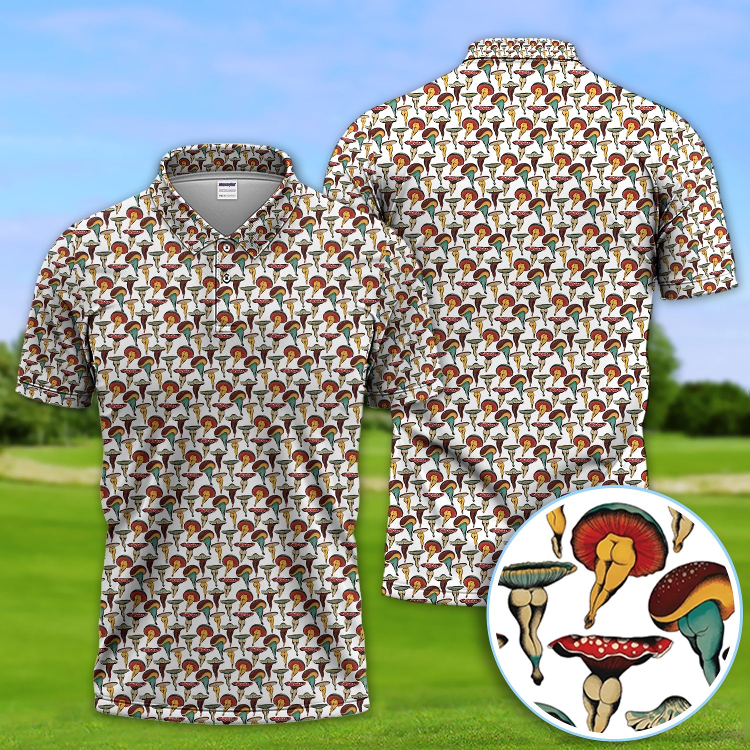 Vintage Mushroom Pattern Golf Shirt, Funny Golf Polos, Crazy Golf Gift For Golfer